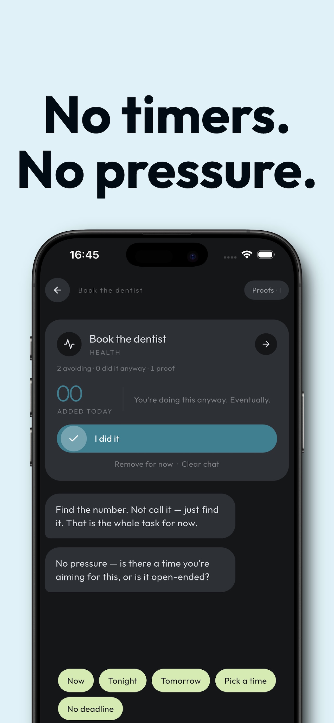 Task room — no timers, no pressure